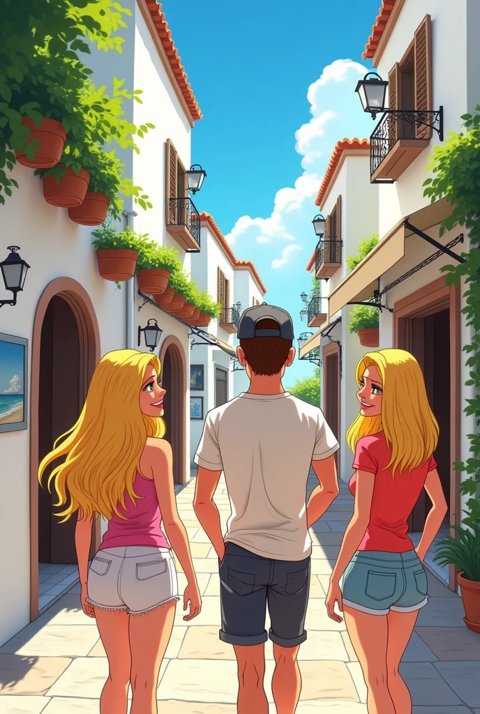 A blonde 2 woman with long hair and a 2 man with a béisbol hat hanging out in the streets of Greece, cartoon style. 

