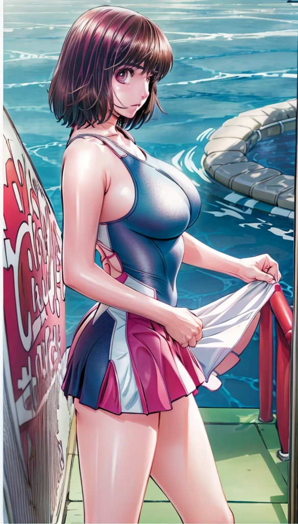 A beautiful girl with short hair, boyish looks, big breasts and beautiful legs is standing by the pool with her legs spread to the sides and her mouth open in a bright pink high-cut competitive swimsuit with the arena logo and lettering.。A middle-aged male teacher is staring at a beautiful woman。