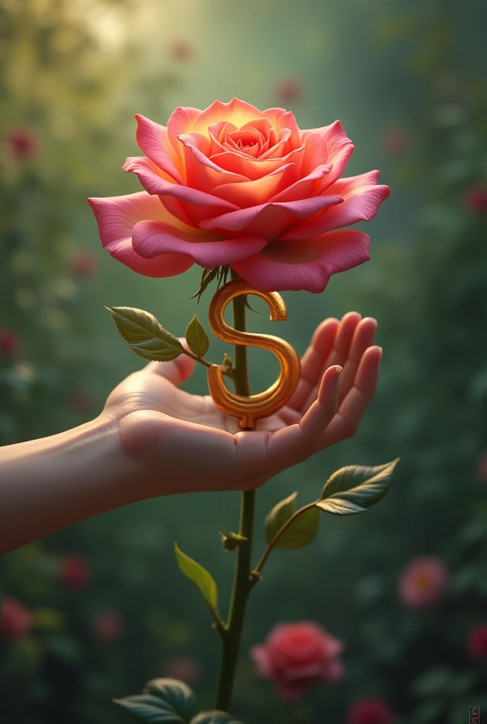 the letter "S" in a rose.the rose is on a boys hand
