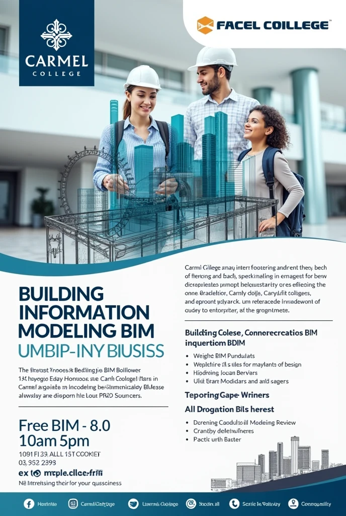 Create a image of " building information modeling " internship poster ( containg
Ventue at  Carmel college 
 , Free class ,
Time 10am to 5 pm )