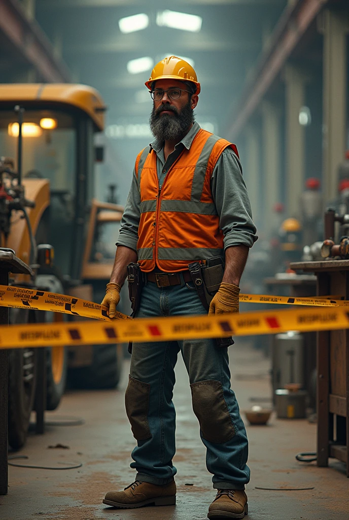 Realistic worker with helmet, gloves, vest, safety glasses,Boots,fencing a heavy machinery workshop area , with tape.