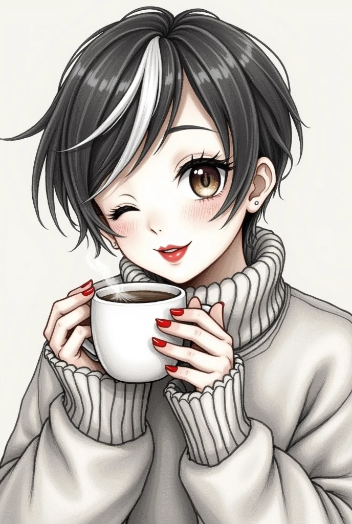 a pencil sketch of a woman, short pixie dark hair with bangs, & white highlights, she's winking, other eye brown, long lush lashes, she's got a coffee mug in one hand with steam rising from it, she's blowing on her hot coffee with ultra-bright red lips, wearing a big turtle-necked sweater, ultra-bright red fingernails, other hand up by her face, grey muted bg