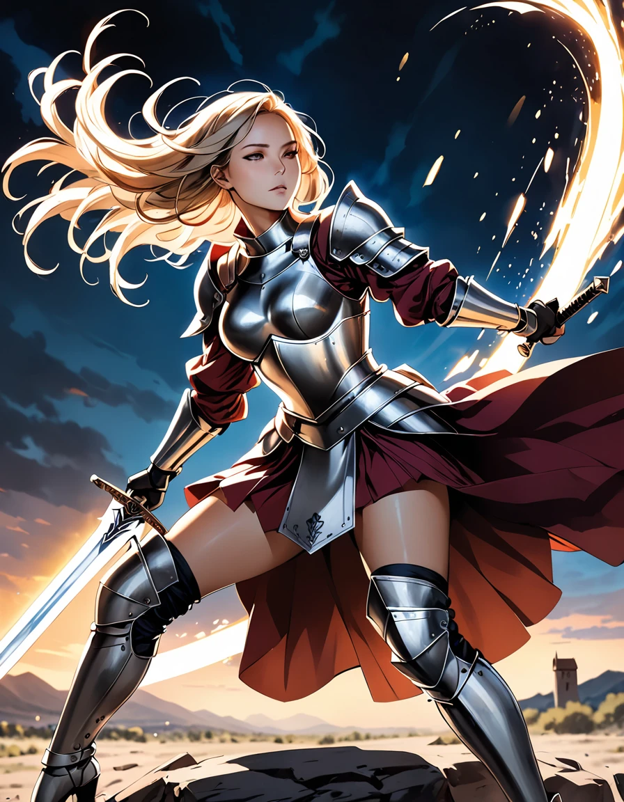 In the style of Santiago Caruso,best quality, masterpiece, high resolution, 1 Girl,Cowboy shooting,knight,Light effects around the girl,((Combat Action,Bend down to gather strength,Holding a large sword with both hands,Dynamic lens,Dynamic Action)),Wind arcs show the feeling and momentum of sword swings,(Motion Blur),Blurred Background,Shine brightly,Bright colors,Tyndall effect,Reality, Dark Studio, Edge lighting, Two-color lighting,(High Detail Skin:1.2),