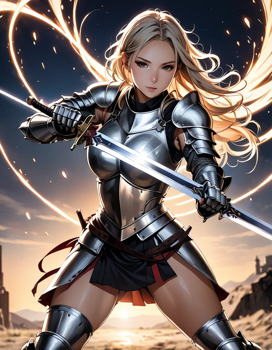 In the style of Santiago Caruso,best quality, masterpiece, high resolution, 1 Girl,Cowboy shooting,knight,Light effects around the girl,((Combat Action,Bend down to gather strength,Holding a large sword with both hands,Dynamic lens,Dynamic Action)),Wind arcs show the feeling and momentum of sword swings,(Motion Blur),Blurred Background,Shine brightly,Bright colors,Tyndall effect,Reality, Dark Studio, Edge lighting, Two-color lighting,(High Detail Skin:1.2),