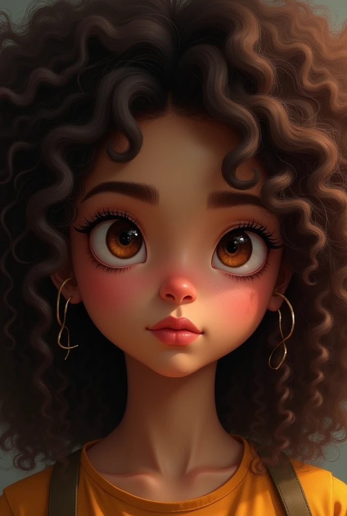 Teenage girl with long curly brown afro hair, short brown eyes