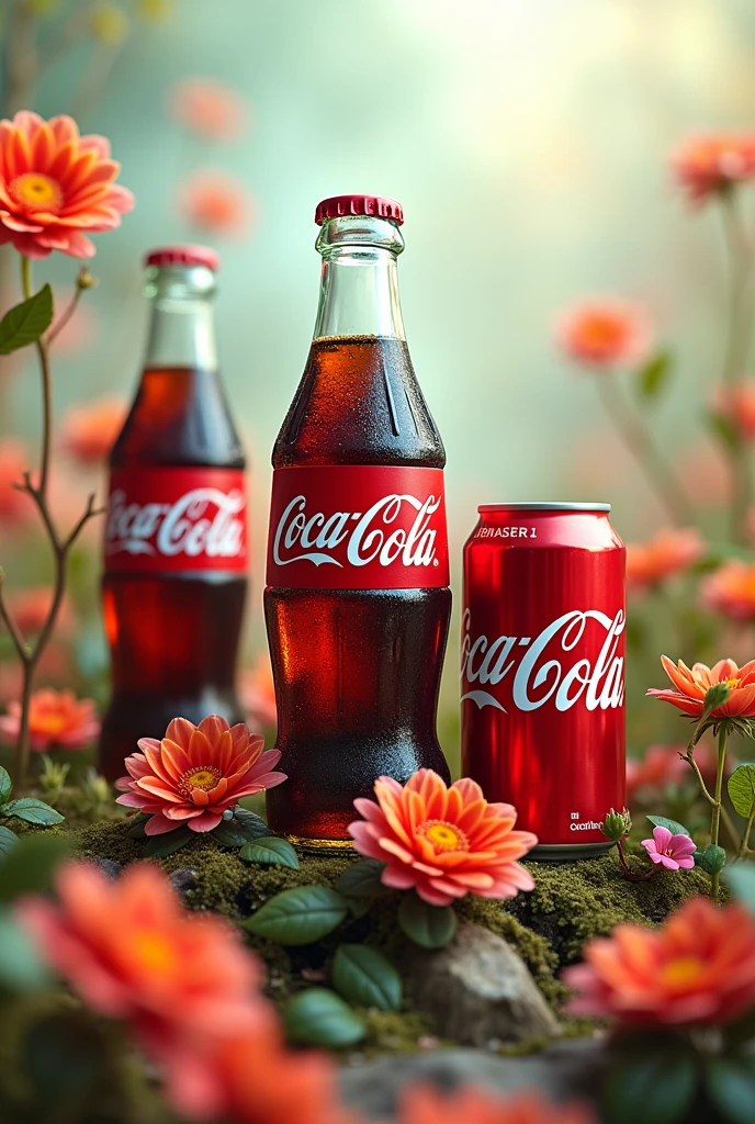 Create an image where the Coca Cola soft drinks are, flower, sprit, the gap is still there