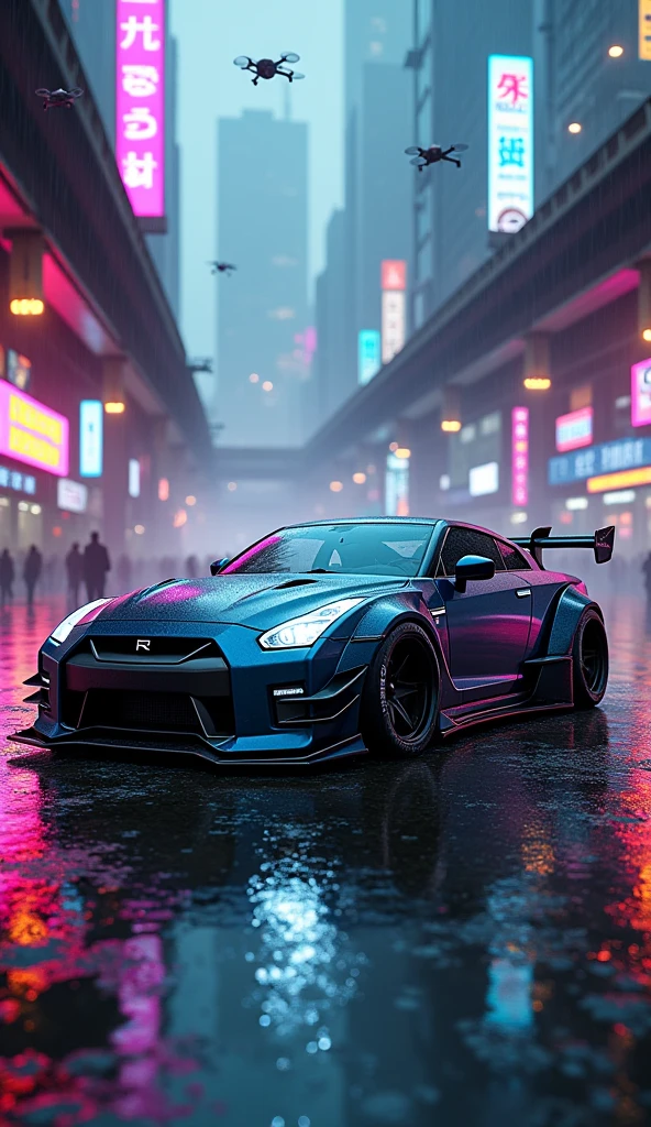 Generate a Wallpaper for PC with 1920x1080 resolution. Having Nissan GTR in Cyber punk with body kit having water on streets