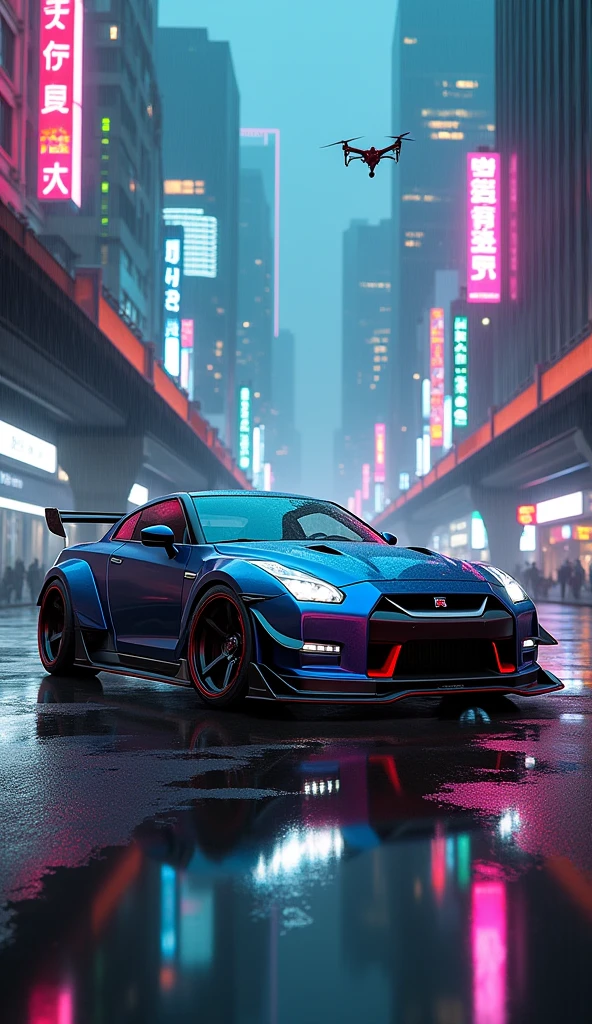 Generate a Wallpaper for PC with 1920x1080 resolution. Having Nissan GTR in Cyber punk with body kit having water on streets