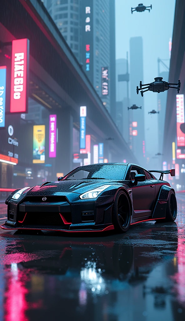 Generate a Wallpaper for PC with 1920x1080 resolution. Having Nissan GTR in Cyber punk with body kit having water on streets