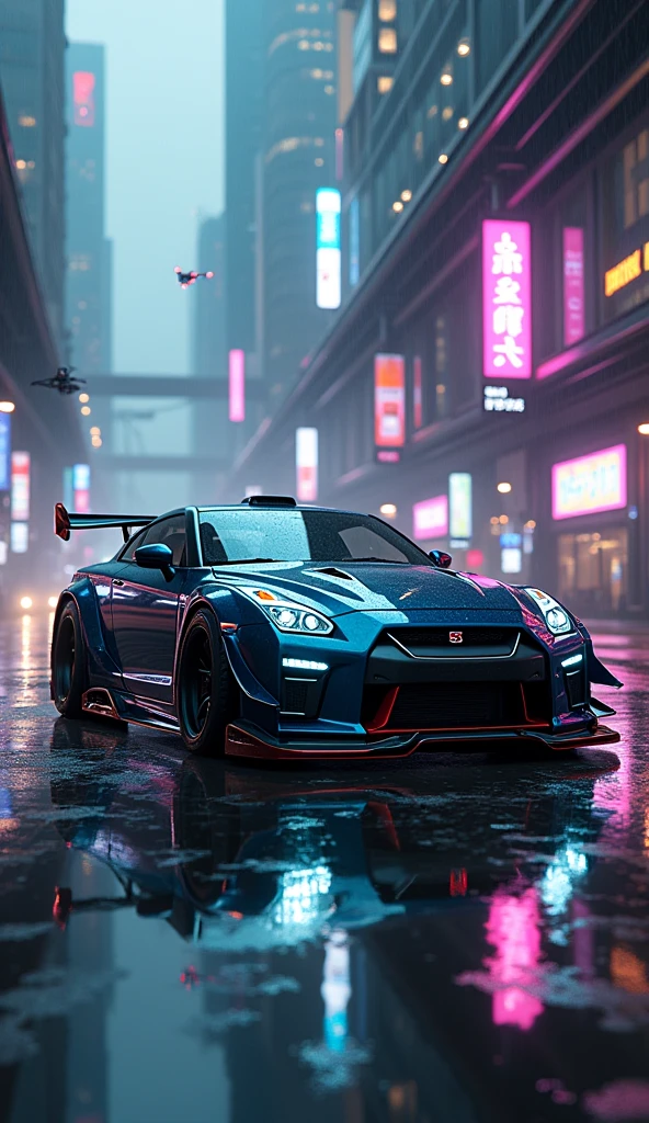 Generate a Wallpaper for PC with 1920x1080 resolution. Having Nissan GTR in Cyber punk with body kit having water on streets