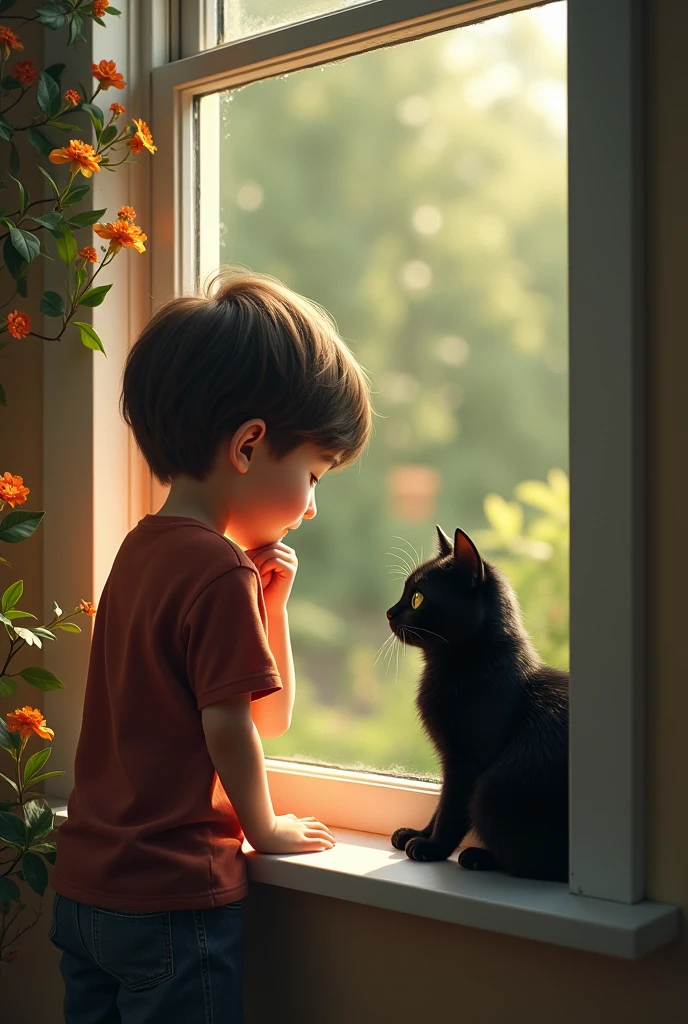 A boy and a black cat is looking at each other. The cat has lying down on a opened glass window. The boy is standing outside of the house and has kept his hand on the window and his wrist under his muzzle. In the background there is nature. In the left side of the background there are flowers. The picture has been taken from the inside of the house.But the boy is standing at the outside of the house . picture should not contain his lower part of the body as it has been covered by the wall below the window.