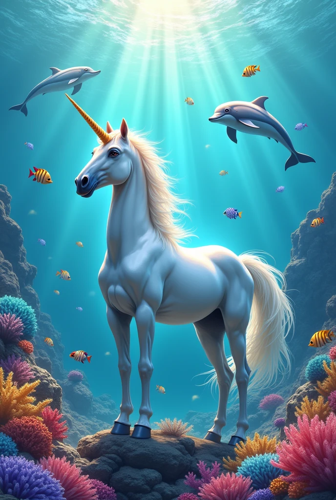 White unicorn with coral fish, rainbow dolphins, sea and everything is striking