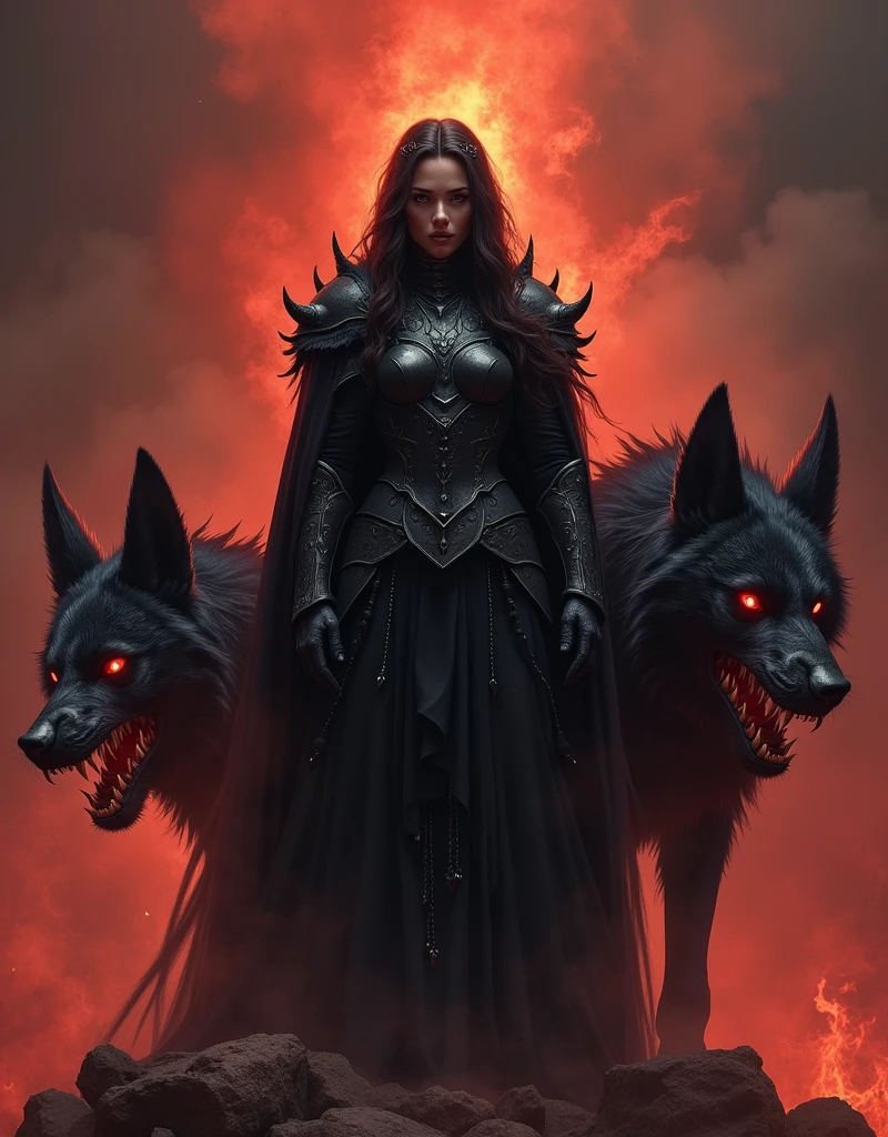 wall-paper, Woman in black armor, underworld, dark, demonic, fire,cachorro demonic com raiva, big sharp teeth 