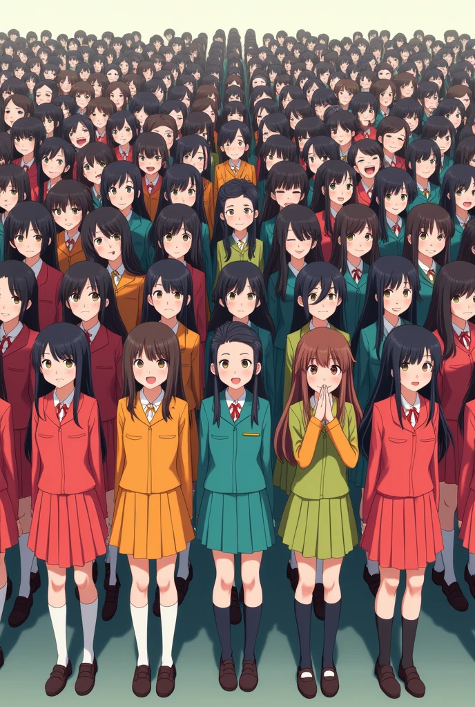 2,000 long-haired Asian girls wearing colorful school uniforms and long socks stand for a group photo