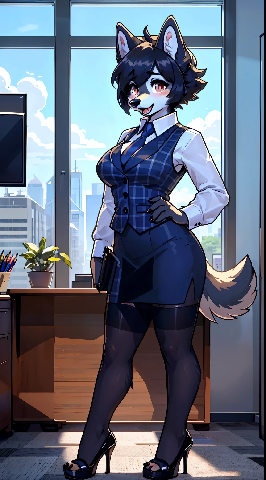 (Fluffy girl dog:1.6), (Black fur:1.5), highest quality, cleavage, Beautiful woman、Office Lady、Black Hair、(Brown eyes、Big Breasts、Blunt bangs)、short hair、Dark blue checked office suit cleavage)、new employee, Full Body Shot、Female office lady、break(Dark blue checked vest、White dress shirt、Navy blue mini tight pencil skirt:1.2)、(Black Pantyhose、garter belt、High heels)、break(office:1.3)、Cleavag、Absolute area、Blushing、Embarrassed、Standing posture、Open your mouth