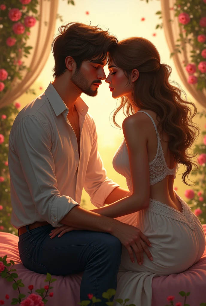 A woman was sitting with a man Romantic style.