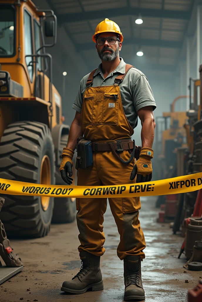 Realistic worker with helmet gloves overall safety glasses,Boots,fencing a heavy machinery workshop area , with tape.