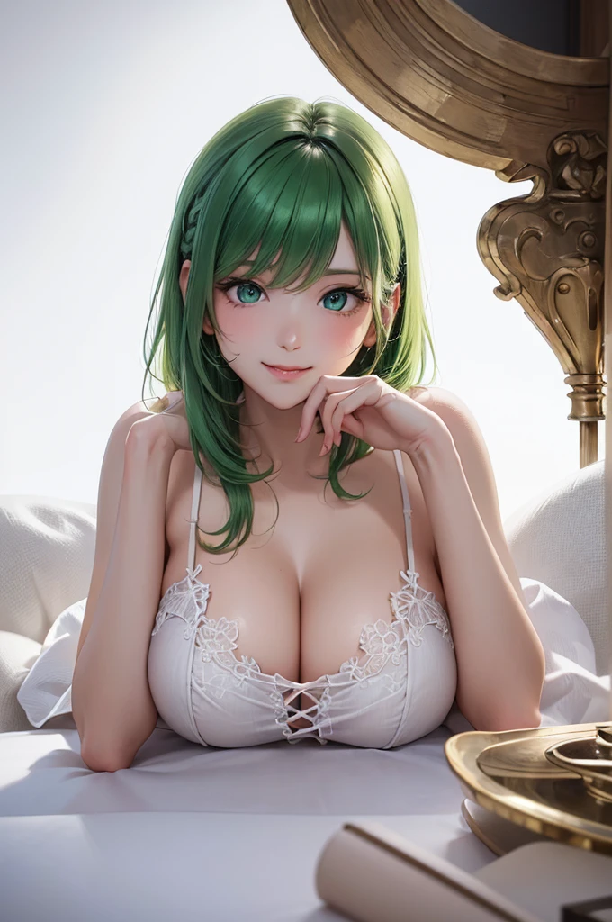 Best Quality,High resolution,8k,(plain white background, no patterns, no textures, just a plain white background:1.3),Masterpiece:1.2),beautiful girl,Big Breasts,(Shiny green hair:1.3),messy hair,Beautiful green eyes,Dark gray underwear,Gentle look,A refreshing look,smile,Best quality,Best Quality,Aesthetic and aesthetic:1.2,Best details((Super detailed))(High-definition CG illustrations),Slender body,smile,blush,cute,Scrounge,Looking up,Being spoiled,super model,wariza