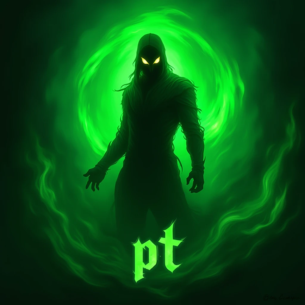 A dark silhouette of a character with glowing eyes, surrounded by vibrant, glowing green flames. The background is abstract and filled with swirling green energy. The character's outline is barely visible, emphasizing the glowing eyes and the intense green flames. At the bottom of the image, the letters 'PT' are displayed in a bold, stylized font. The overall feel is mysterious, with a hint of supernatural or otherworldly energy.