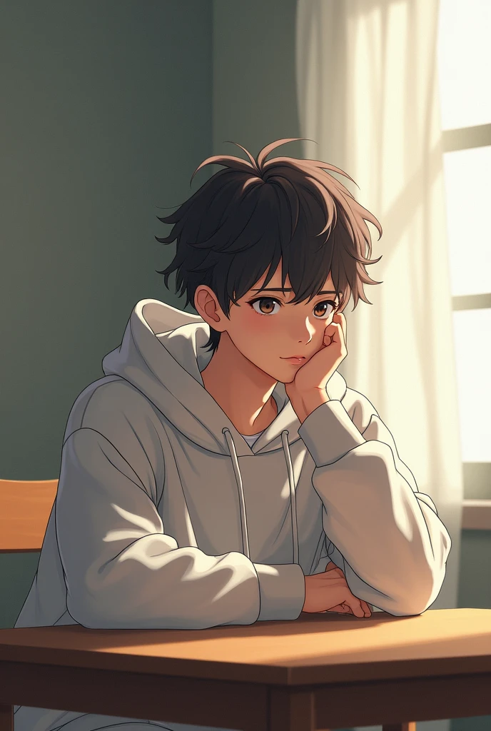 Anime boy in a hoodie sitting at a table