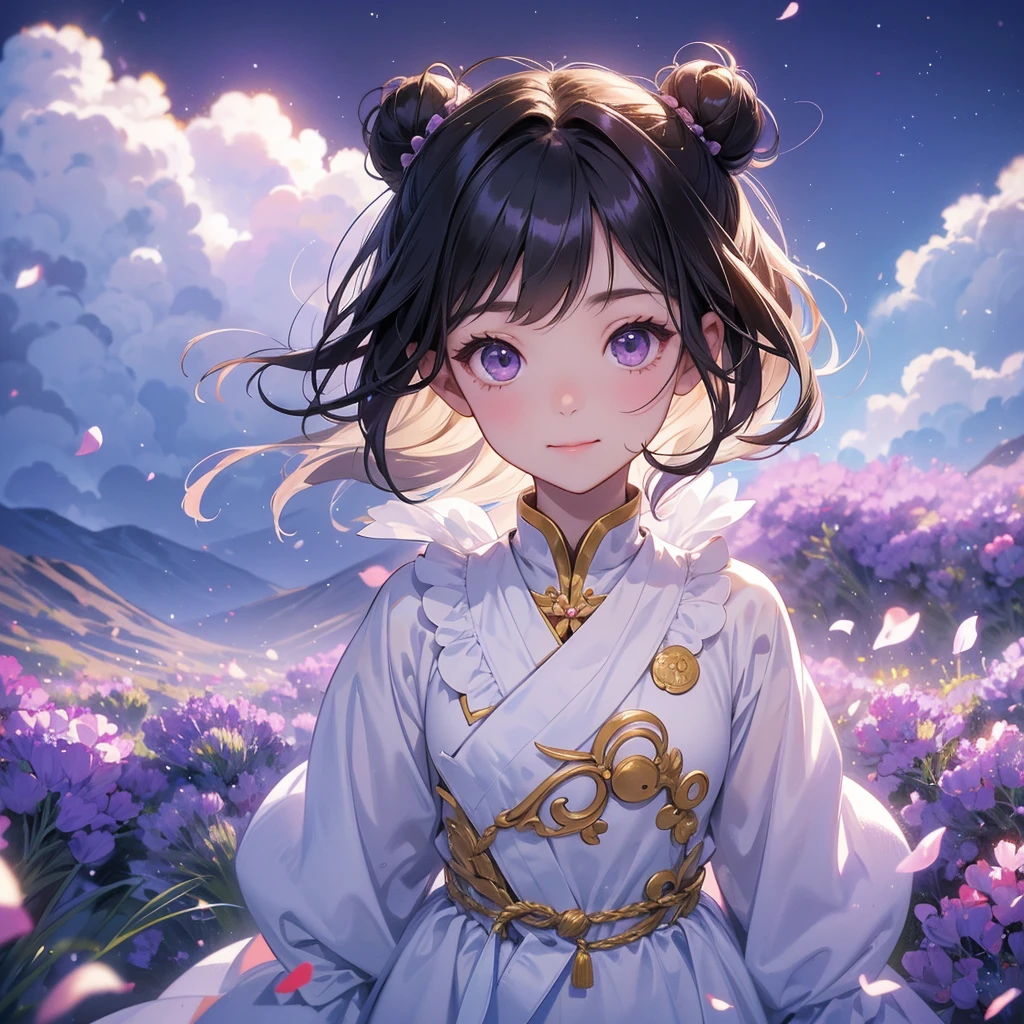 A chibi child girl had a small face and Wearing white little Taoist priest's outfit. A pair of big round eyes shone with curiosity about him. This child was so cute! ,her hair is black with two buns on her hair.small chibi, chibi baby, smiling,The little chibi baby looked up with his chest raised, and his face was old and proud.
Stroll among the purple lavender fields , There are some floating clouds.
