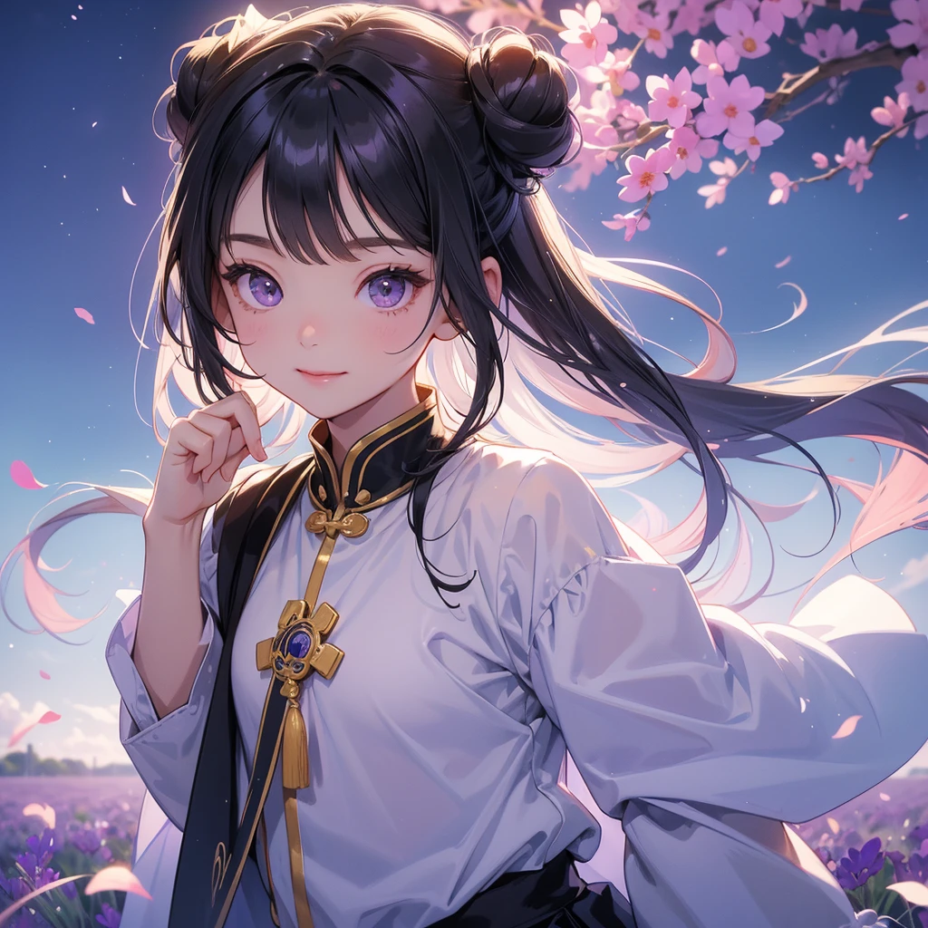 A chibi child girl had a small face and Wearing white little Taoist priest's outfit. A pair of big round eyes shone with curiosity about him. This child was so cute! ,her hair is black with two buns on her hair.small chibi, chibi baby, smiling,The little chibi baby looked up with his chest raised, and his face was old and proud.
Stroll among the purple lavender fields , There are some floating clouds.