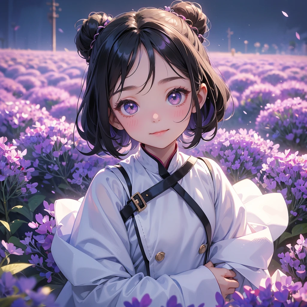 A chibi child girl had a small face and Wearing white little Taoist priest's outfit. A pair of big round eyes shone with curiosity about him. This child was so cute! ,her hair is black with two buns on her hair.small chibi, chibi baby, smiling,The little chibi baby looked up with his chest raised, and his face was old and proud.
Stroll among the purple lavender fields , There are some floating clouds.