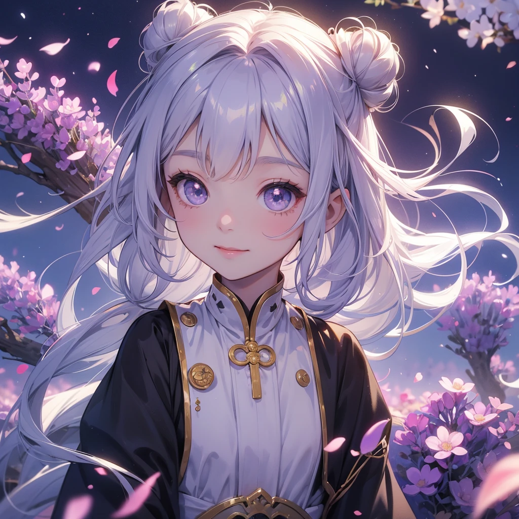 A chibi child girl had a small face and Wearing white little Taoist priest's outfit. A pair of big round eyes shone with curiosity about him. This child was so cute! ,her hair is black with two buns on her hair.small chibi, chibi baby, smiling,The little chibi baby looked up with his chest raised, and his face was old and proud.
Stroll among the purple lavender fields , There are some floating clouds.