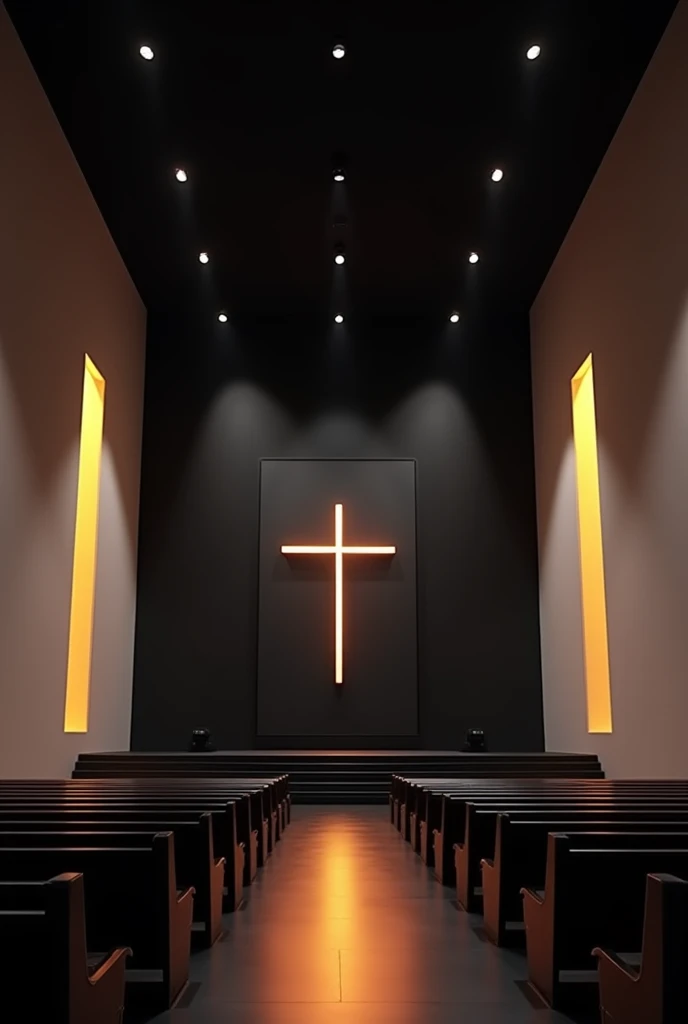 Interior of a minimalist evangelical church in a rectangular shape, black background wall with led panel in the center, black upper ceiling with several yellowish light points, party lights pointing at stage and illuminating, white side walls, lights coming out of the stage