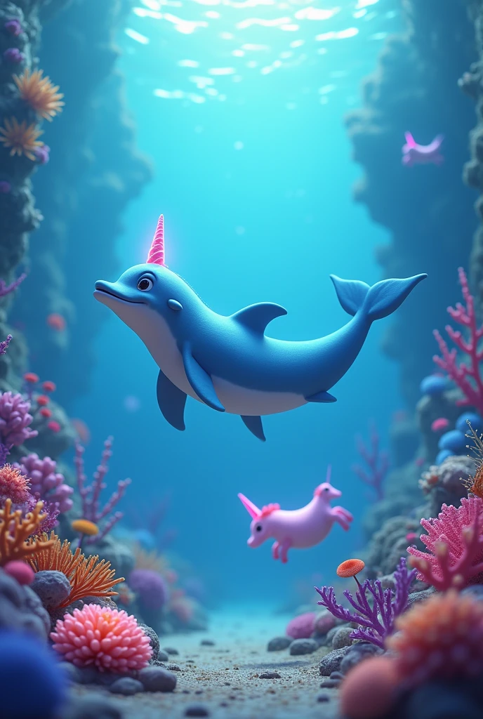 Generate an animated dolphin image, that it is blue and that it is inside the sea, There must be corals of various colors and 2 mystical pink unicorns
