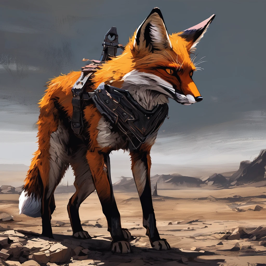dark and torn, (1 young fox beautiful muscular body, with beautiful fox ears, fierce expression, dressed in arab armor:1. 3), standing in a desolate wasteland, dramatic lighting, intense shadows, gritty texture, tall contrast, vibrant colors, dynamic pose, powerful pose, rugged background, explosive atmosphere, dystopian theme, surreal elements, digitally painted illustration, High definition resolution, intricate details, dramatic composition, avant-garde and chaotic brushstrokes, Gothic style, intense emotions, epic scale, raw and gritty feeling, Captivating and provocative artwork.
