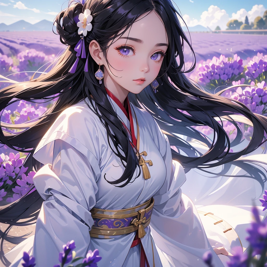 A beautiful girl with black long hair, wear white ancient chinese clothes, Stroll among the purple lavender fields , There are some floating clouds,, with the sun shining on her face, close up.