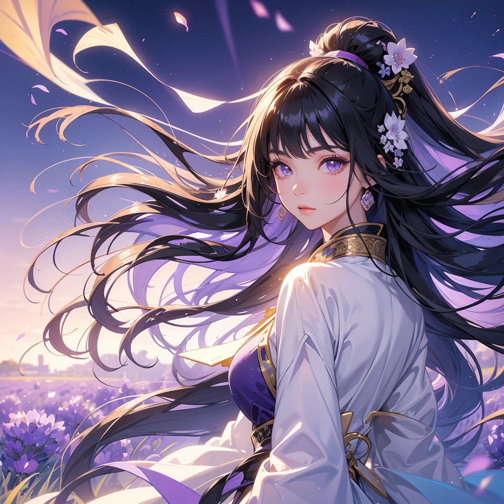 A beautiful girl with black long hair, wear white ancient chinese clothes, Stroll among the purple lavender fields , There are some floating clouds,, with the sun shining on her face, close up.