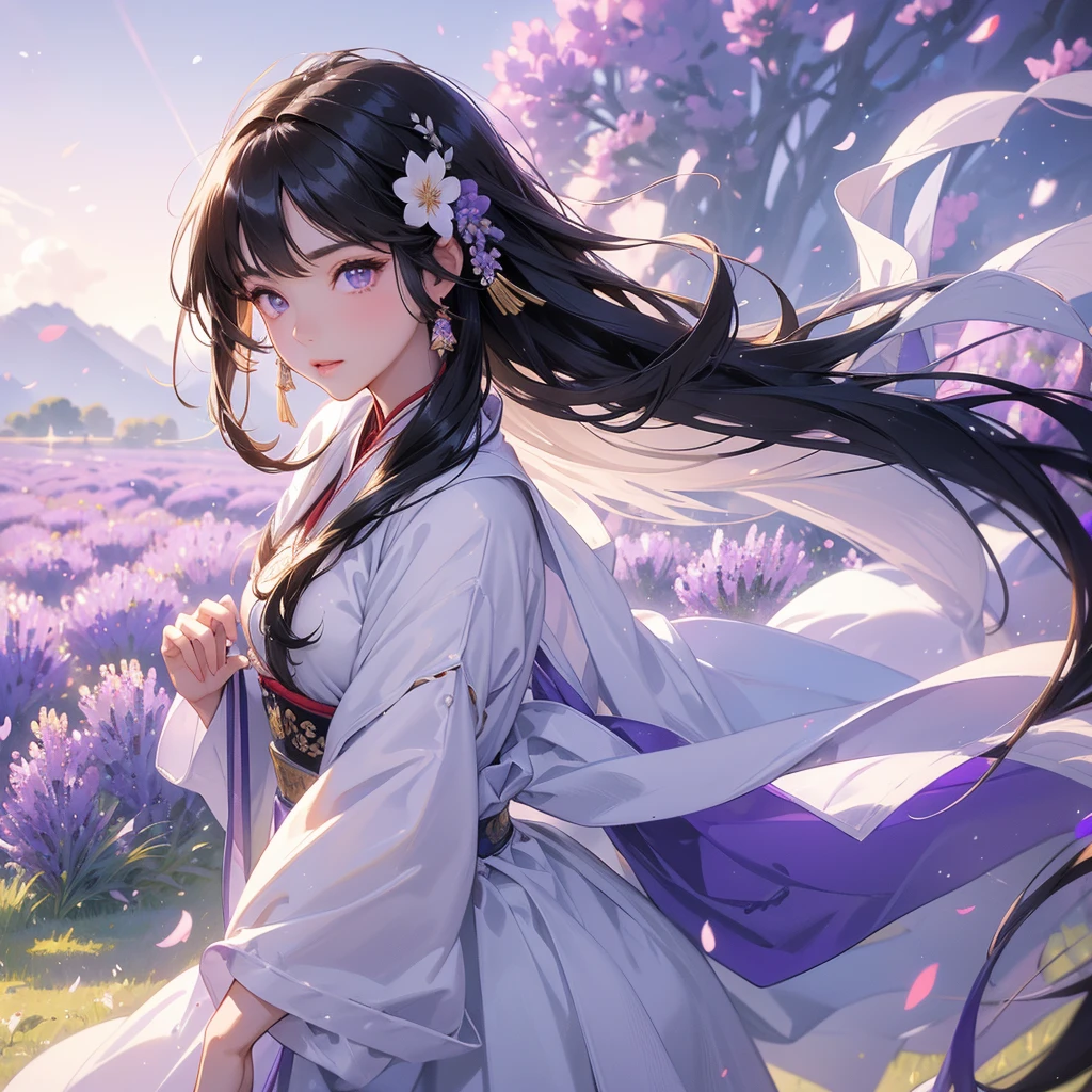A beautiful girl with black long hair, wear white ancient chinese clothes, Stroll among the purple lavender fields , There are some floating clouds,, with the sun shining on her face, close up.