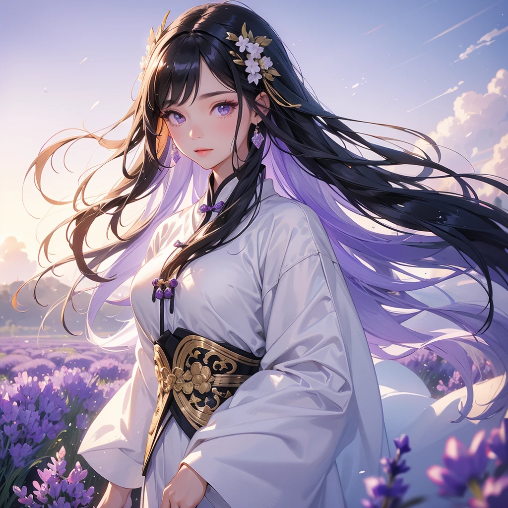A beautiful girl with black long hair, wear white ancient chinese clothes, Stroll among the purple lavender fields , There are some floating clouds,, with the sun shining on her face, close up.