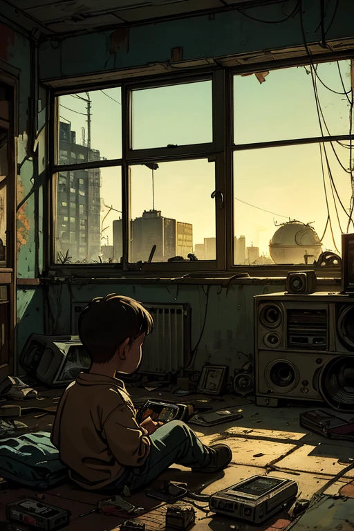 A child watching, into the living room, an old television set with news. On the floor next to him a small dirty audio cassette player. A painting in the background Nuclear explosion on the wall. cold war atmosphere. through the window you can see the damaged buildings, dirty and eaten away by vegetation.