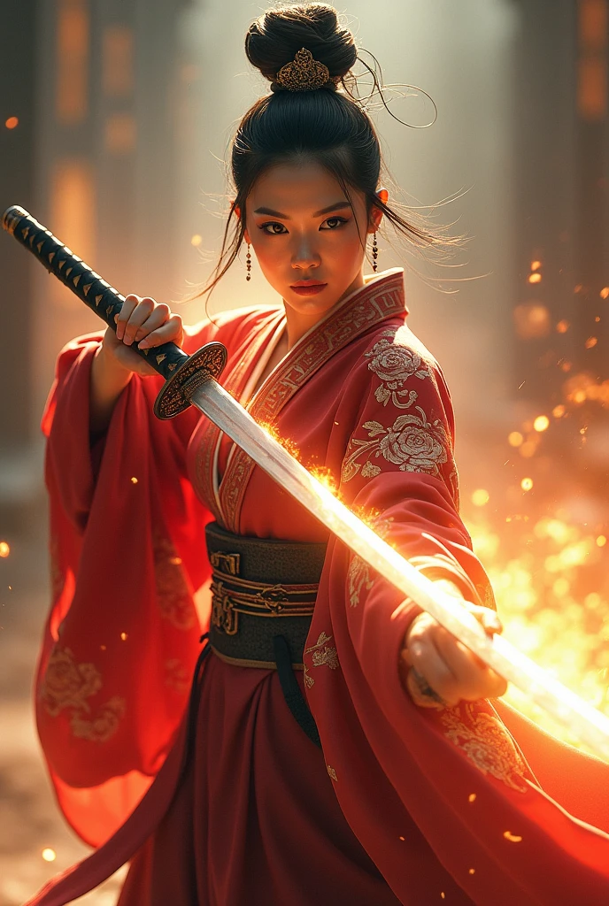 Asian woman with powers, with graphics and explain their skills, wearing a royal grand kimono wielding a large burning katana, looking at the viewer