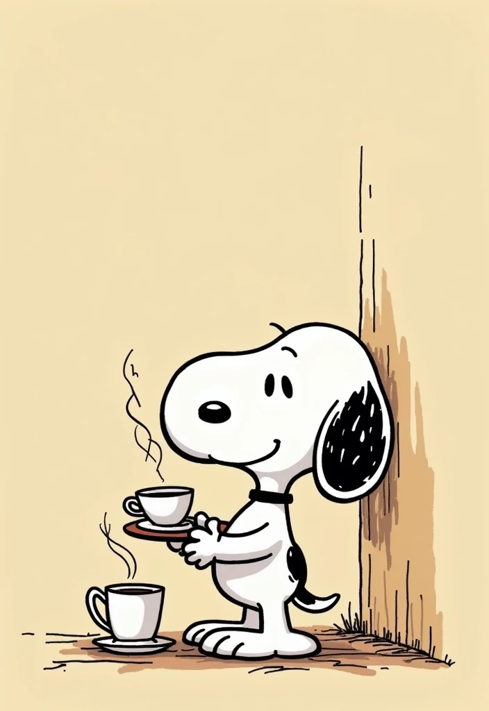 snoopy standing with his foot resting against the wall, holding a cup of coffee, hand drawing