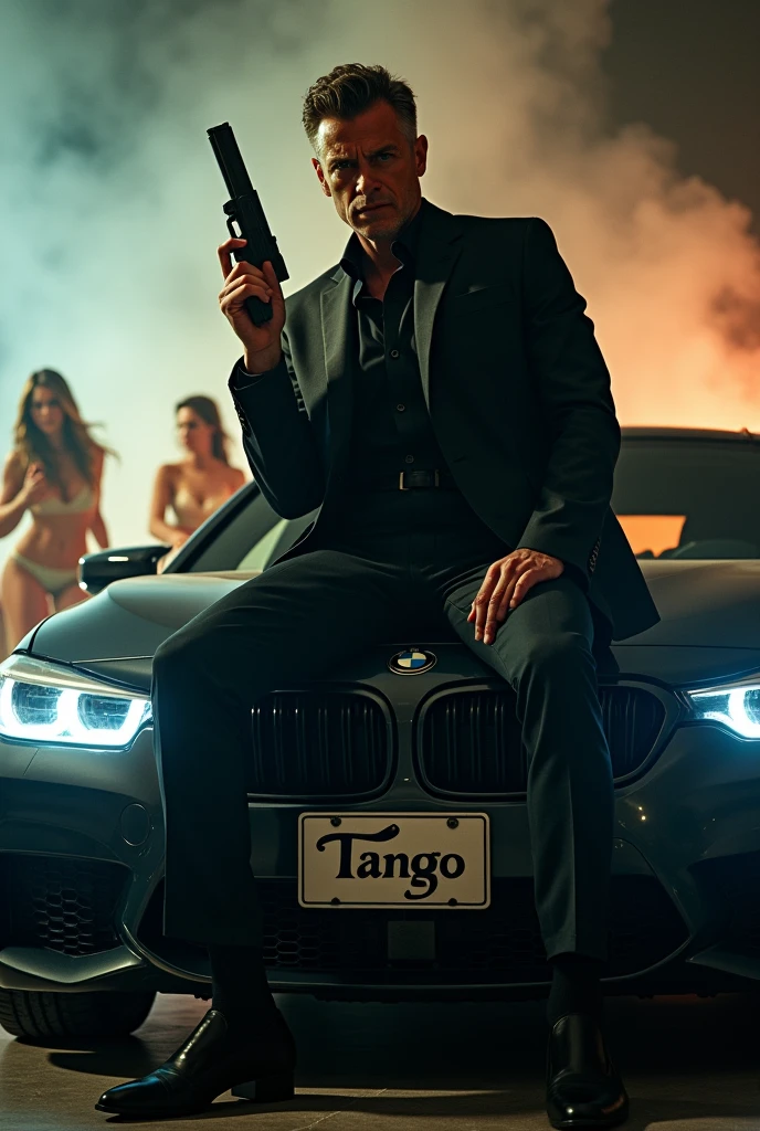 Create a realistic image where a man wearing black luxury suit and sitting on BMW car with number plate of tango, he's holding a gun in his hand, there is smoke in background and girls are dancing.