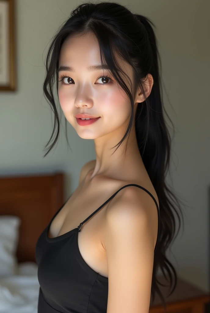 ((best quality)), ((masterpiece)), (detailed), perfect face, Full length selfie of a girl with her black hair in a ponytail,she wears a dress ,slim and fit, at home, looking straight at the camera