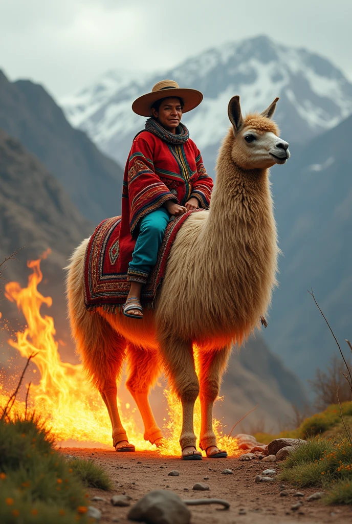 Peruvian riding a llama while the llama is burning