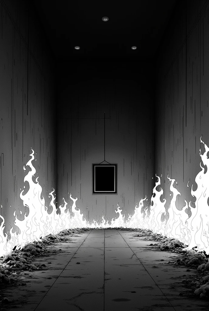 Large Burning room with hanging photo on one side , 4k, manga style, black and white
