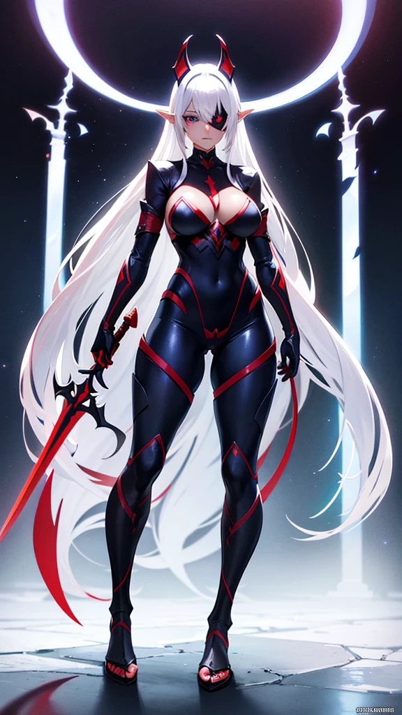 Dark Elf Shine, silhuette, projected shadow, red armor eye patch, white hair blue eyes, breasts big, pointed ears, holding a sword japanese cat mask tall height full body
