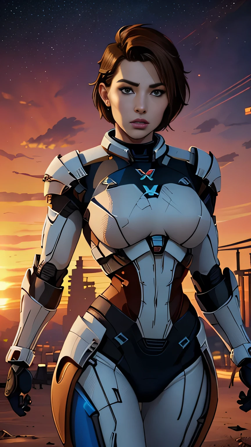 photo of mlp Meowko, RAW, beautiful woman, ((portrait)), ((detailed face:1.2)), ((anime face, anime facial feature, clear skin, glossy anime lips, clear skin), (short messy lesbian haircut, brunette: 1.55), (perfect proportioned body, Strong, muscular, narrow waist, narrow hips, skinny, large breasts), (she wears Andromeda initiative armor, full armor from Mass effect, Mass effect armor, Cora Harper cosplay: 1.22), (Sci-Fi themed background, futuristic vehicles, detailed starfield:1.1), (realistic photo, best quality, detailed), (8k wallpaper), (cinematic lighting, beautiful light, (sunset:1.3)) (sharp focus, intricate)