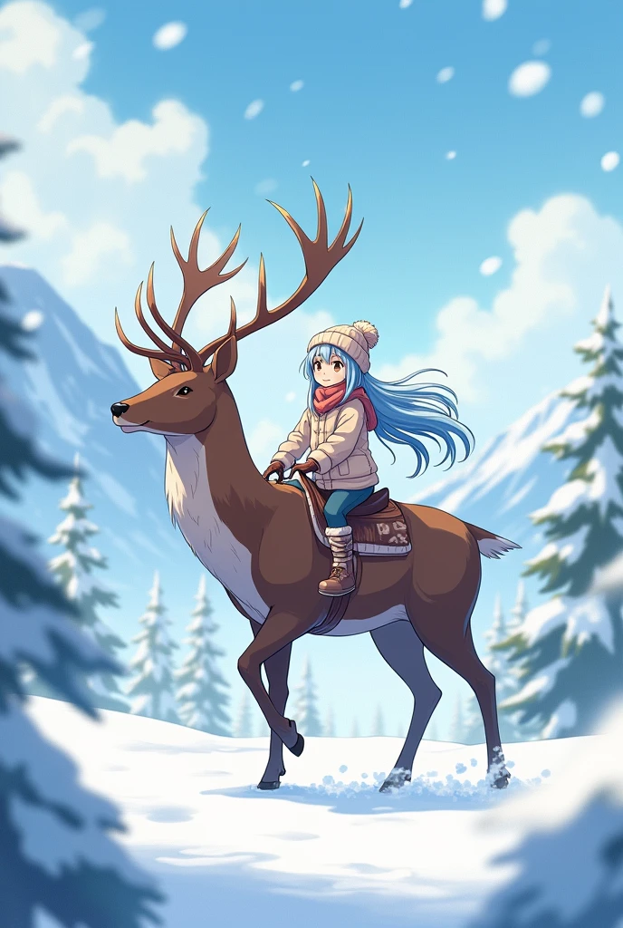 (masterpiece, best quality:1.3), 8K, illustration, super detailed, highly detailed, (1girl, solo), light blue hair, long hair, winter hat, (riding animal, deer, brown deer), ((snow fall)), winter season, scenery snow mountain background, vivid color, soft shadow, absurdres