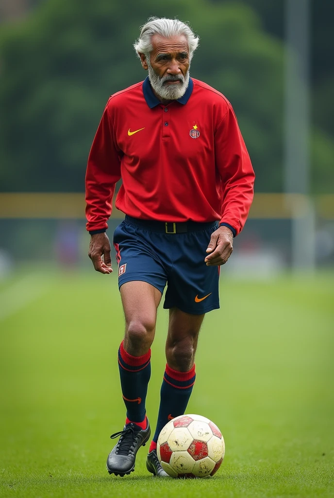 A captivating and impressive photograph of Pelé but at 80 years of age. He has gray hair, wrinkles on his skin, he is on a soccer field, walking while kicking a soccer ball.