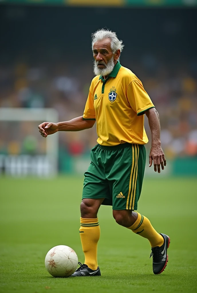 A captivating and impressive photograph of Pelé but at 80 years of age. He has gray hair, wrinkles on his skin, he is on a soccer field, walking while kicking a soccer ball.