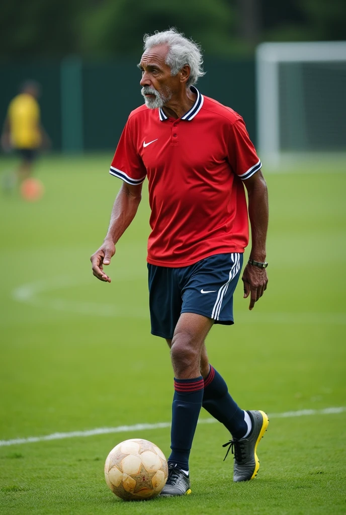 A captivating and impressive photograph of Pelé but at 80 years of age. He has gray hair, wrinkles on his skin, he is on a soccer field, walking while kicking a soccer ball.