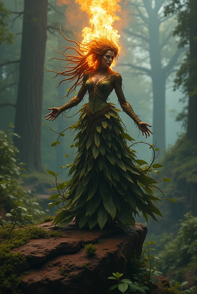 créé une photo d'une Dryade femme ensorcelée (mi-femme mi-plante) crachant du feu1.4. la dryade est perché sur un rocher rouge brique dans une forêt très luxuriante faite de grand arbres de lianes, fougères et rochers rouge. L'arrière-plan est rempli de grands arbres. De la fumée sort de la bouche de la magnifique Dryade ensorcelée . Le rocher est recouvert de plantes bioluminescentes . L'image globale dégage une atmosphère mystique et surnaturelle. photographie professionnelle, ultra cinématographique, ultra détaillé, ultra réaliste, 8k