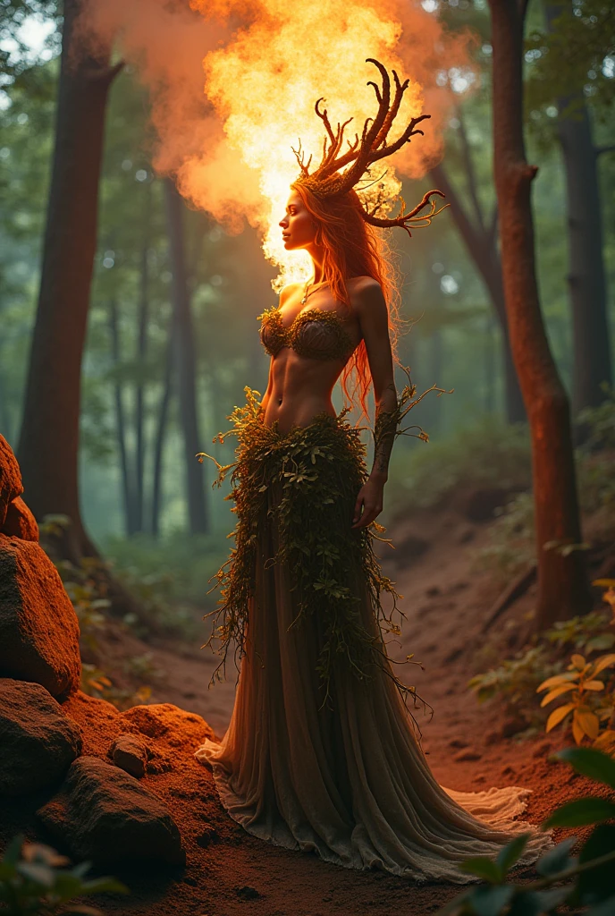 créé une photo d'une Dryade femme ensorcelée (mi-femme mi-plante) crachant du feu1.4. la dryade est perché sur un rocher rouge brique dans une forêt très luxuriante faite de grand arbres de lianes, fougères et rochers rouge. L'arrière-plan est rempli de grands arbres. De la fumée sort de la bouche de la magnifique Dryade ensorcelée . Le rocher est recouvert de plantes bioluminescentes . L'image globale dégage une atmosphère mystique et surnaturelle. photographie professionnelle, ultra cinématographique, ultra détaillé, ultra réaliste, 8k